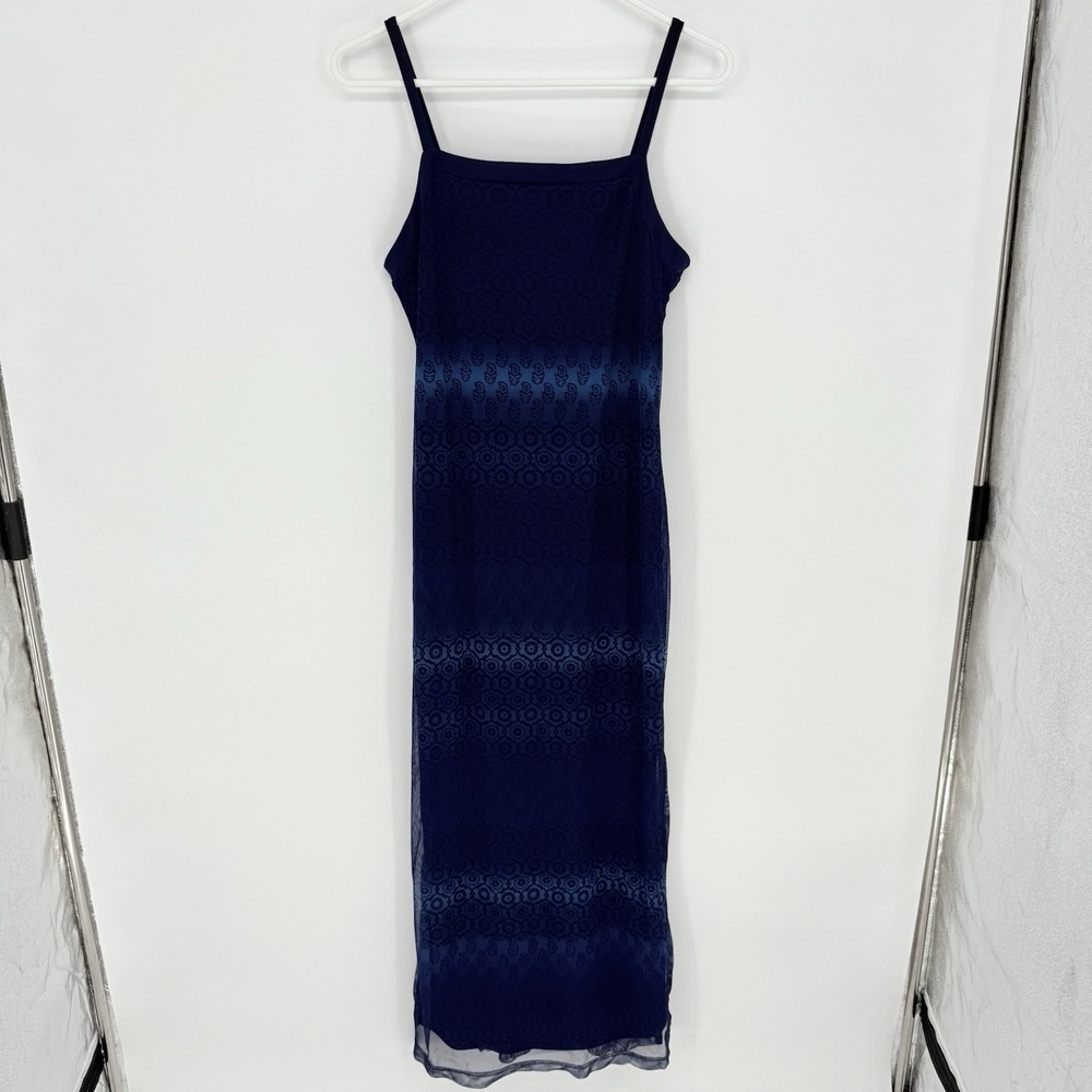 Y2K Maurice's VTG Maxi Mesh Sheath Dress Blue Lined Side Slits Phoebe Junior's 7